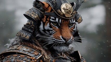 A fierce tiger in ornate samurai armor 