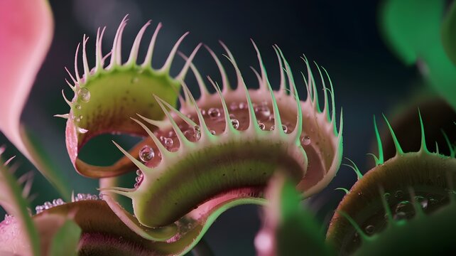 Blooming Venus flytrap with nectar droplets, illuminated by soft pink and green light on a dark background.