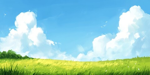 Fototapeta premium Lush Green Field Under Bright Blue Sky with Fluffy Clouds