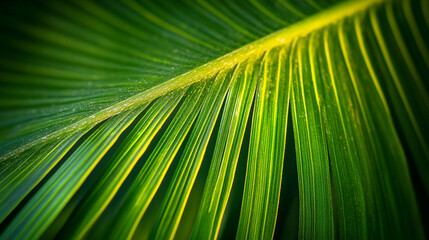 Obraz premium Detailed close-up of a vibrant green palm leaf under natural sunlight