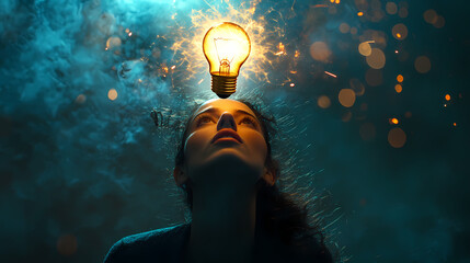 Brilliant Idea: A person is looking up to a glowing light bulb that hovers above their head.