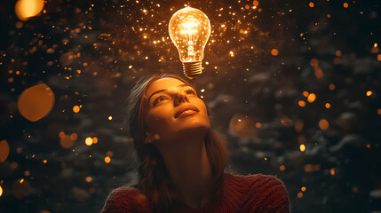 Spark of Brilliance: A woman gazes upward, captivated by a radiant lightbulb floating above her head, surrounded by shimmering particles. Symbolizing innovative thinking, creative concepts.