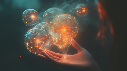 Innovation at Hand: An artistic representation of a hand delicately holding glowing orbs interconnected by a web of light, symbolizing ideas, technology, and innovation.