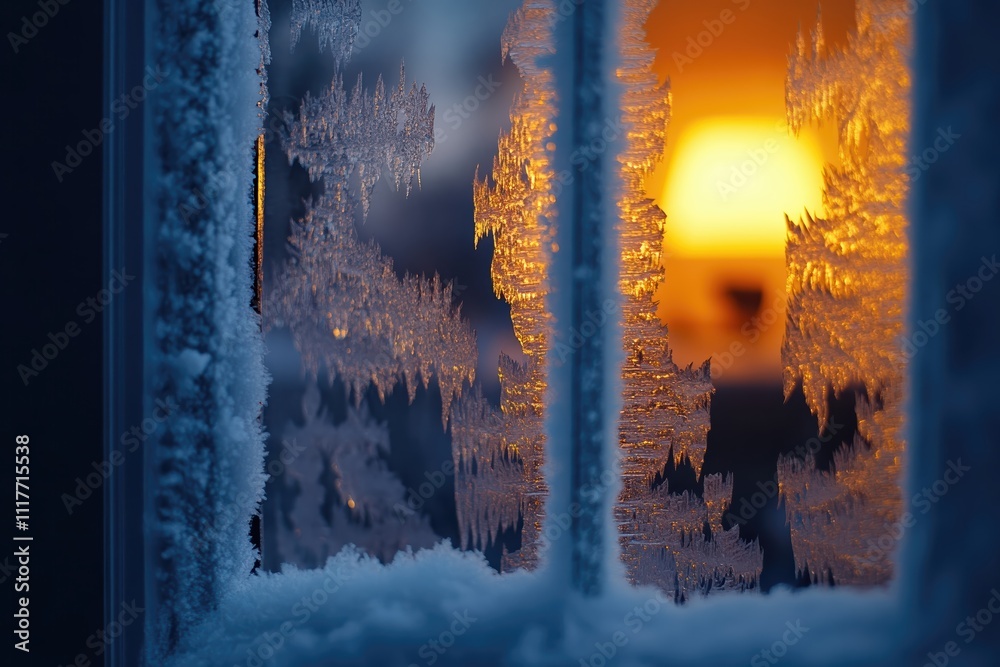 Poster close-up of intricate ice patterns on a window illuminated by warm light from inside