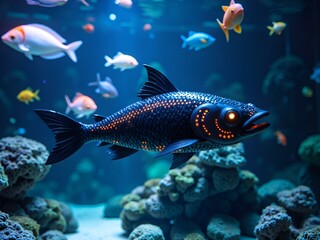 Naklejka premium A beautifully illuminated fish swimming in a vibrant underwater scene with colorful coral and surrounding fish, digital art of aquatic life concept.