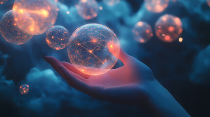 Digital Symphony: A human hand cradles a glowing orb representing technology and interconnectedness, floating amidst a celestial cloudscape. Explore the wonders of digital connections
