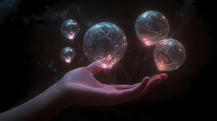 Orb of Connection: A single hand delicately cradles a cluster of glowing orbs. Each sphere is intertwined with luminous, threadlike structures.