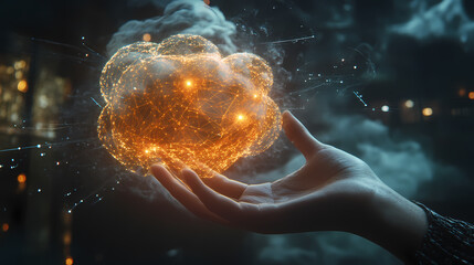 Harnessing Data: A hand gently cradles a glowing orb representing the digital world, in a modern cityscape.