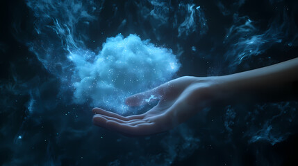 Cloud in Hand: The ethereal moment, a hand delicately cradling a cloud of light, suggesting a sense of wonder and the power of creation against the backdrop of cosmic, space and starry universe.