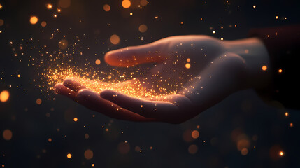 Captivating Hand with Sparkles: A delicate hand cradles shimmering golden particles, creating a mesmerizing display of light and wonder. The image evokes feelings of magic, dreams.