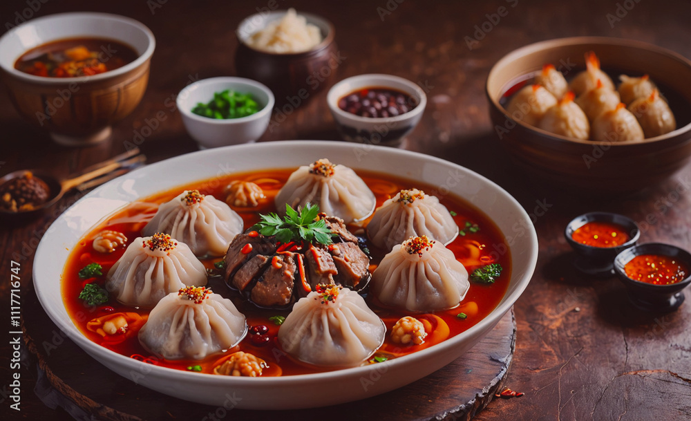 Poster a plate of dumplings with a variety of sauces and vegetables. the plate is surrounded by bowls of di