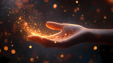 Hand and magical dust: A person's hand extended, delicate, seemingly holding an eruption of magical glowing dust, exuding an aura of wonder and enchantment.