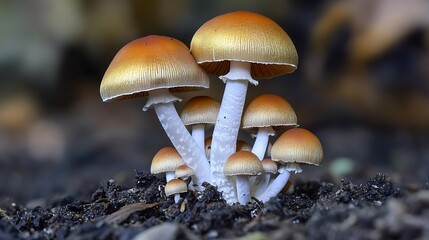 Close-up of a cluster of small, orange-brown mushrooms emerging from dark soil.