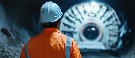 A focused portrait of a tunnel engineer monitoring tunnel boring machine progress underground,...