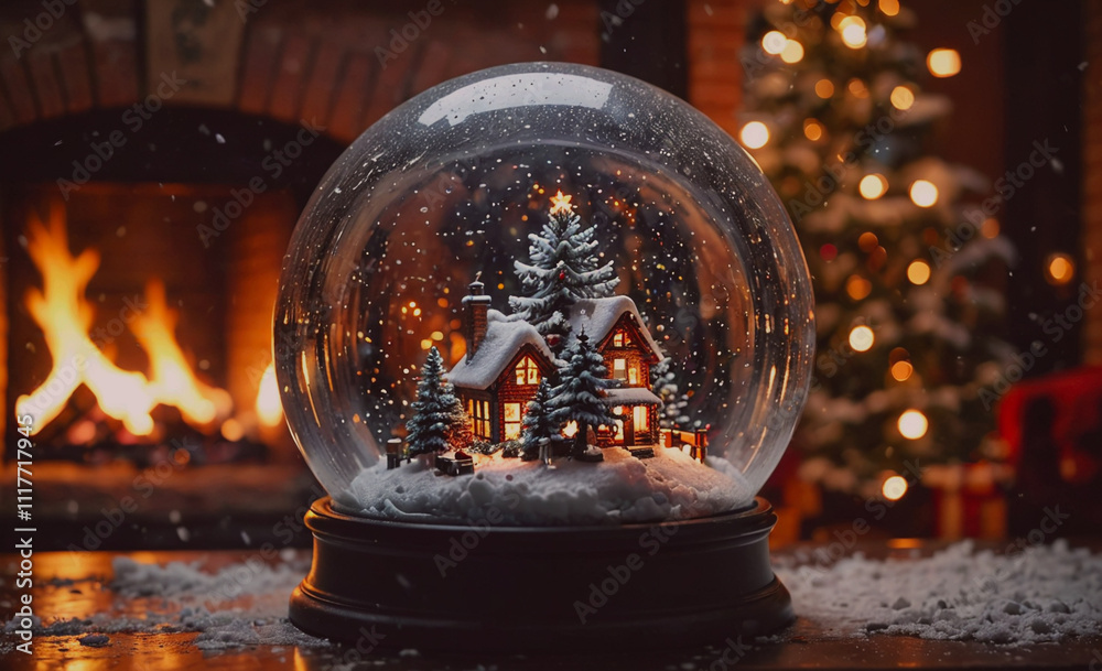 Poster a snow globe with a house and trees inside. the house is surrounded by snow and the trees are covere