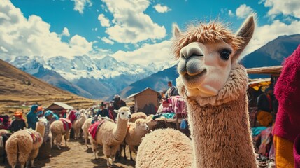 Obraz premium Andean Alpaca Portrait Mountain Landscape South America Travel