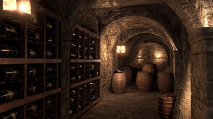 A dark, narrow room with a long row of wine bottles and barrels
