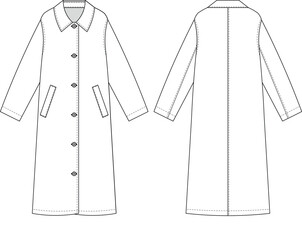 with pockets collared buttoned long sleeve long maxi tent coat jacket trencoat template technical drawing flat sketch cad mockup fashion woman design style model 
