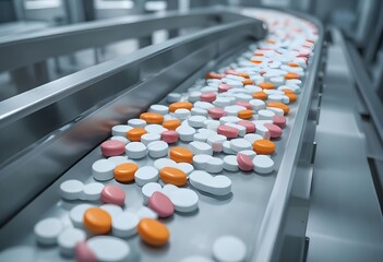Assorted medication tablets on a conveyor belt , suggesting a pharmaceutical manufacturing facility