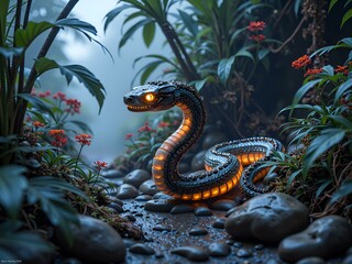 Obraz premium A glowing serpent slithering through a misty tropical landscape surrounded by vibrant flowers, digital art of fantasy concept.