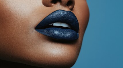 Elegant beauty portrait showcasing bold navy blue lipstick and shimmering makeup on flawless skin, emphasizing modern fashion trends and captivating elegance in detail