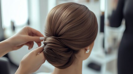 A hairstylist carefully puts in a hair pin to secure a woman's elegant updo.
