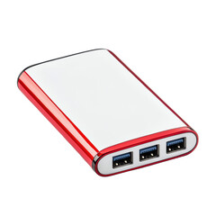 Portable power bank with three USB ports, sleek design, and vibrant colors. Ideal for charging devices on go, ensuring convenience and reliability. isolated on transparent background