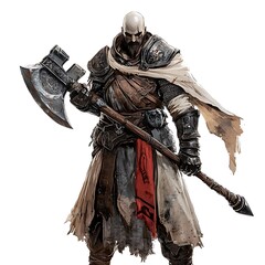 Fototapeta premium Gaming warrior with a large battle axe on a white background