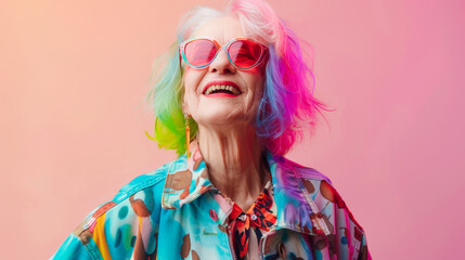 Happy funny cool senior woman with colorful hairs and in trendy clothes portrait on color background