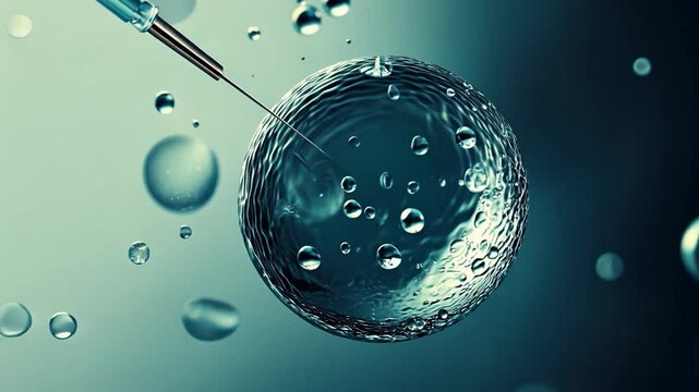 In Vitro Fertilization: A microscopic view of a single egg undergoing in-vitro fertilization.  The needle injects the sperm, symbolizing hope and the miracle of life.