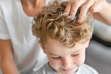 Fototapeta premium Little girl getting her hair braided by an adult, smiling softly with a pink comb in view.