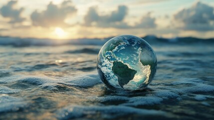 A globe is floating in the ocean