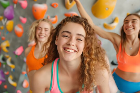 A group of cheerful young women in a climbing gym, smiling and posing in front of a colorful bouldering wall.