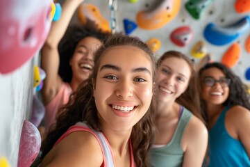 A group of diverse young women resting and laughing together in a climbing gym after a fun workout, with colorful climbing holds in the background.