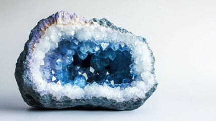 Stunning blue and white geode crystal with intricate formations, displayed against a clean white background.
