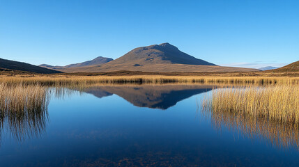 Calm waters reflect majestic mountain under a clear blue sky in a serene landscape
