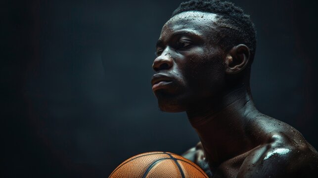 A determined basketball player holding the ball, sweat dripping down, preparing for the next move in a dramatic, low-light setting.