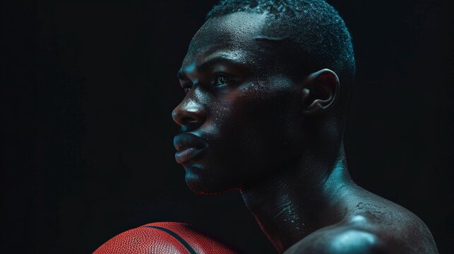 A determined basketball player holding the ball, sweat dripping down, preparing for the next move in a dramatic, low-light setting.