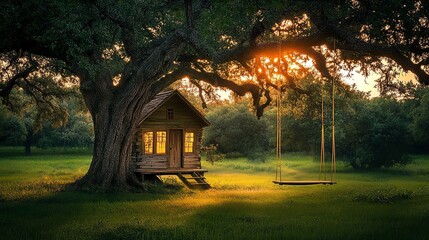 A cozy wooden house under a large tree, with a swing, bathed in warm sunset light.
