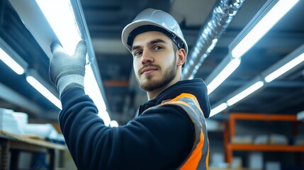 Technician Installing Energy Efficient LED Lighting in Warehouse