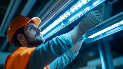 Technician Installing Energy Efficient LED Lighting in Warehouse