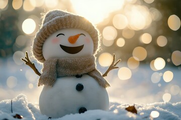 Cheerful snowman in a winter wonderland with a sparkling background