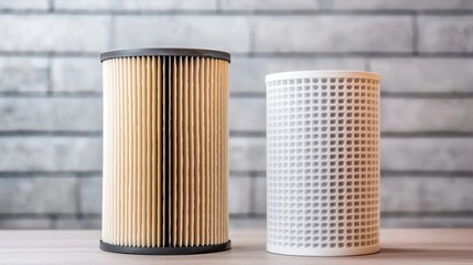 Furnace Filter concept. Two air filters side by side on a wooden surface against a brick wall.