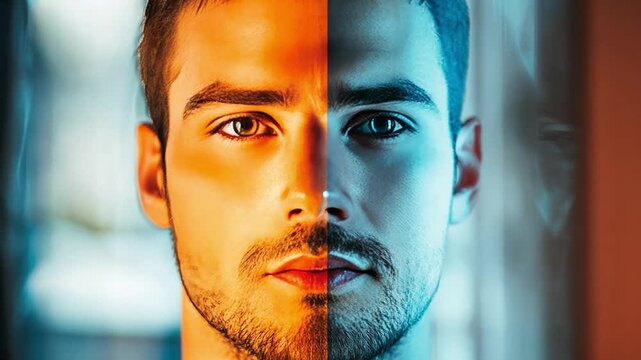 Dual Nature: A man's face split down the middle, bathed in contrasting orange and blue light, creating a mesmerizing visual of duality and inner conflict.  