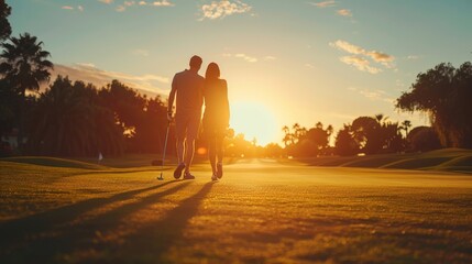 Romantic sunset golf scene with a couple standing together on a course, overlooking the peaceful water and vibrant orange sky.