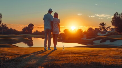Romantic sunset golf scene with a couple standing together on a course, overlooking the peaceful water and vibrant orange sky.