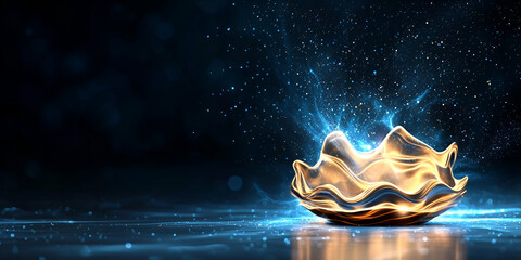 A luminous, golden shell-like object emanates blue light against a dark background, creating a mystical and enchanting atmosphere.