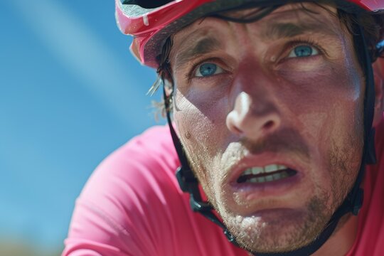 Close-up of a determined cyclist wearing a helmet and sweating during an intense ride under the bright blue sky.
