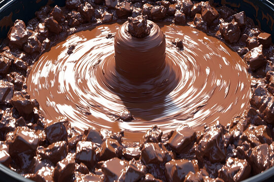 Melted chocolate swirling in a conche, chocolate chunks around the edges.