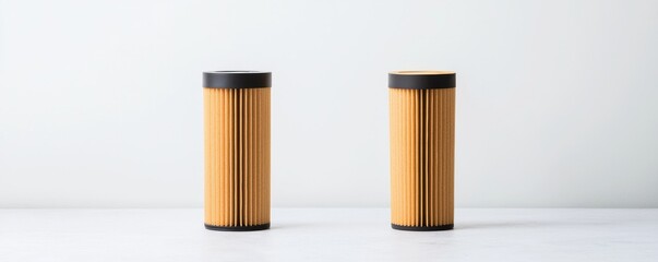 Furnace Filter concept. Two cylindrical objects with a wooden texture placed on a light surface.